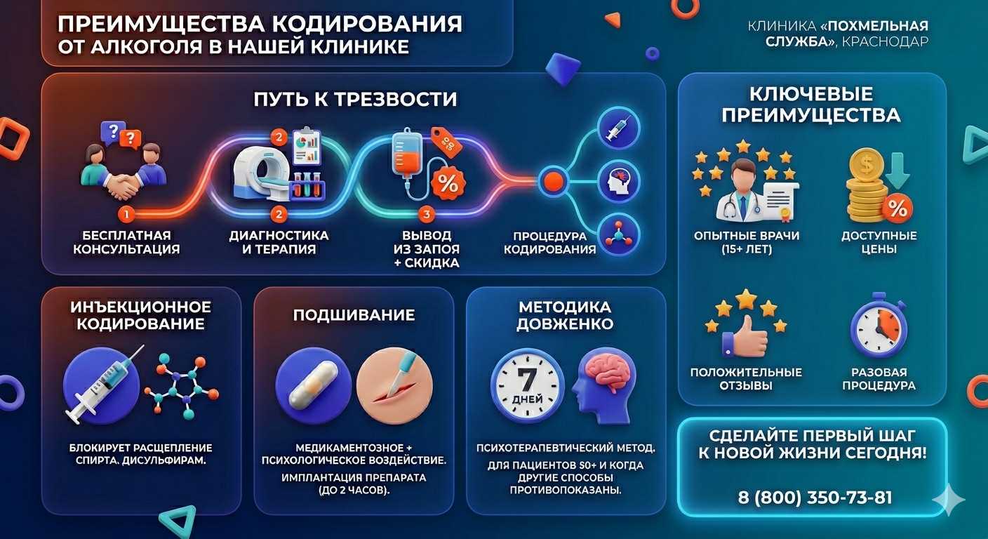 Инфографика о методах кодирования от алкоголя в Богородском: инъекции, подшивание, метод Довженко. Преимущества клиники и этапы лечения.